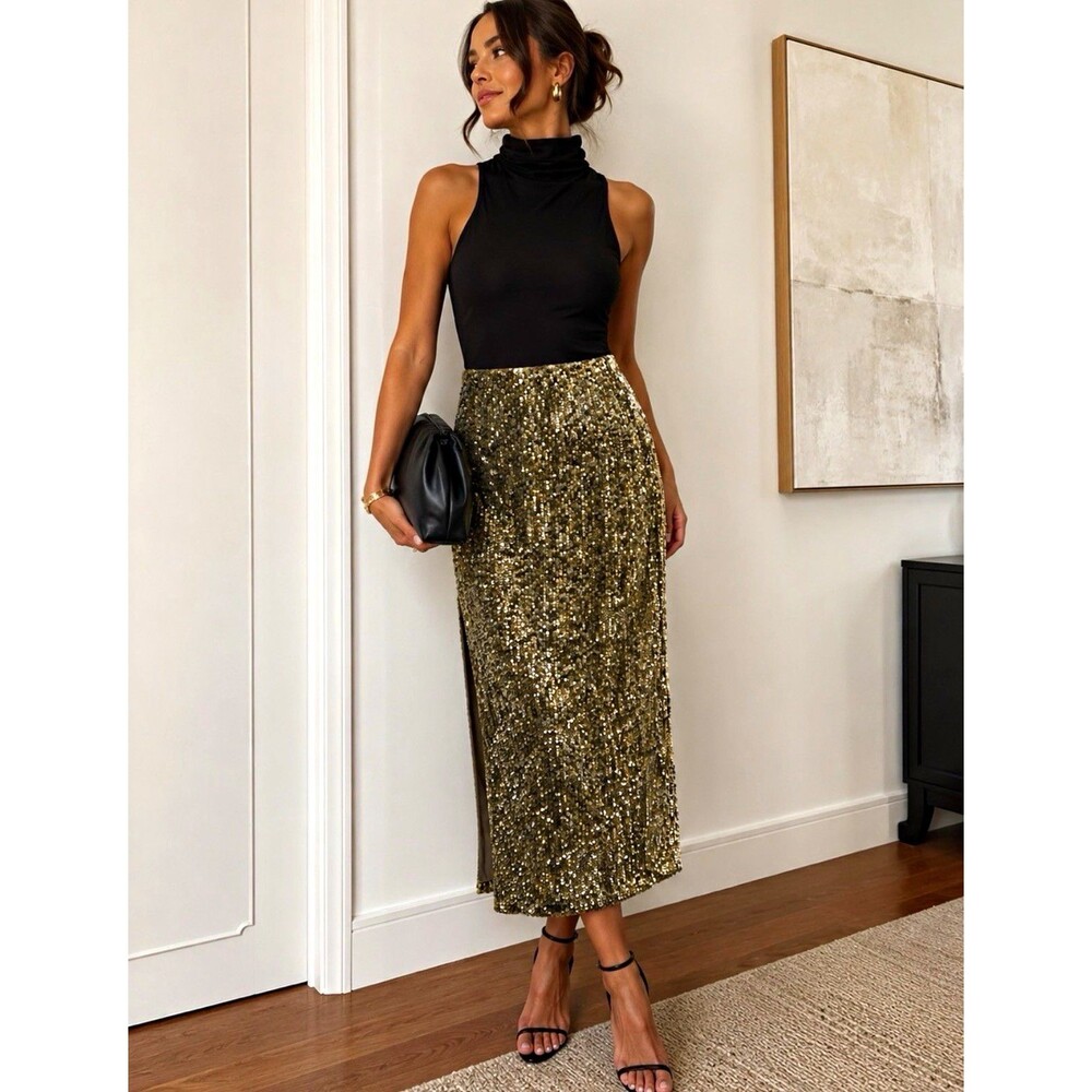 Alice + Olivia Gold Sequin Midi Straight Pencil Skirt Women’s Size 4